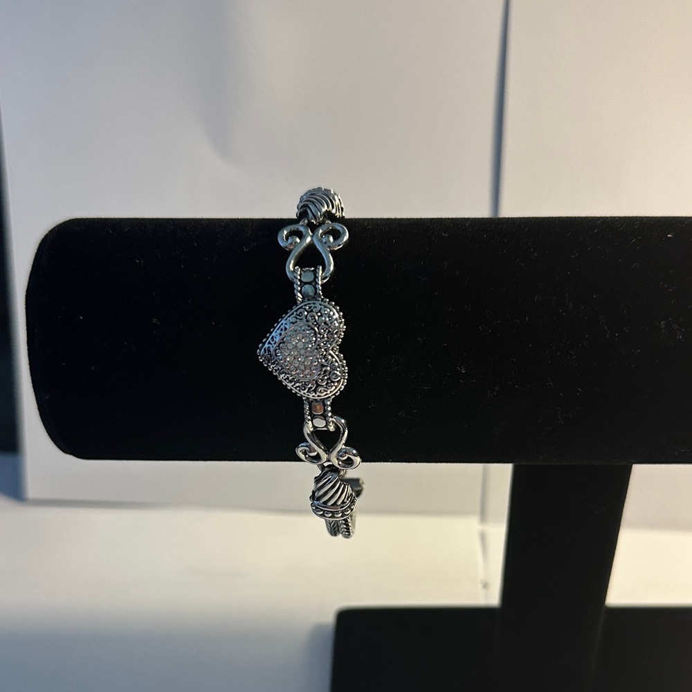 Lia Sophia Silver-Tone Heart Charm Link Bracelet with Crystal Accents